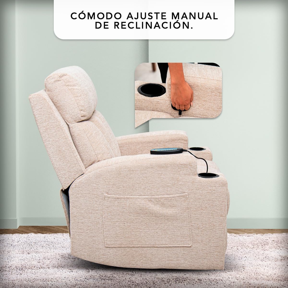 Foto 4 pulgar | Sillón Reclinable Manual Kirima De Tela Color Beige Con Calefacción Y Masajeador