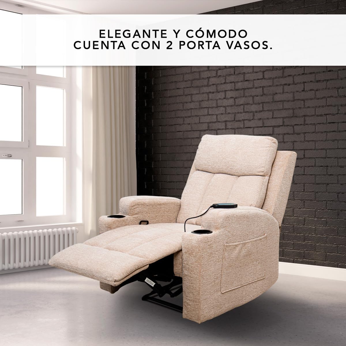 Foto 5 pulgar | Sillón Reclinable Manual Kirima De Tela Color Beige Con Calefacción Y Masajeador