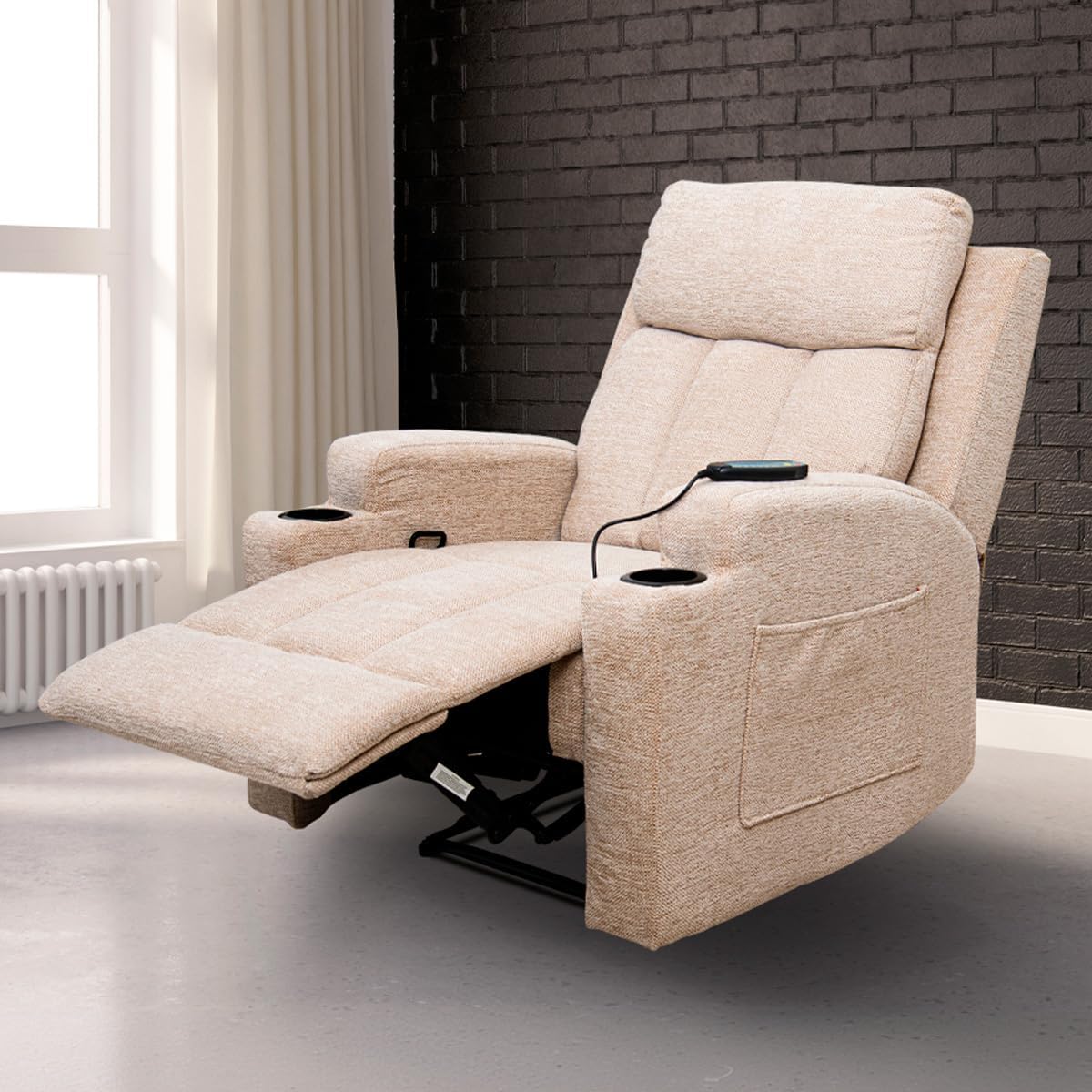 Foto 6 pulgar | Sillón Reclinable Manual Kirima De Tela Color Beige Con Calefacción Y Masajeador
