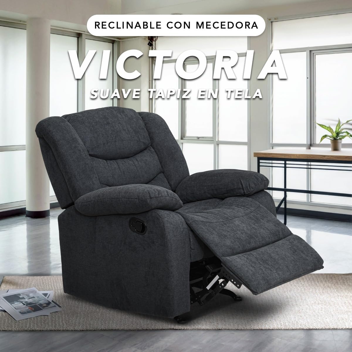 Foto 7 pulgar | Sillón Reclinable con Mecedora Cosmobel Victoria de Tela Gris Oscuro