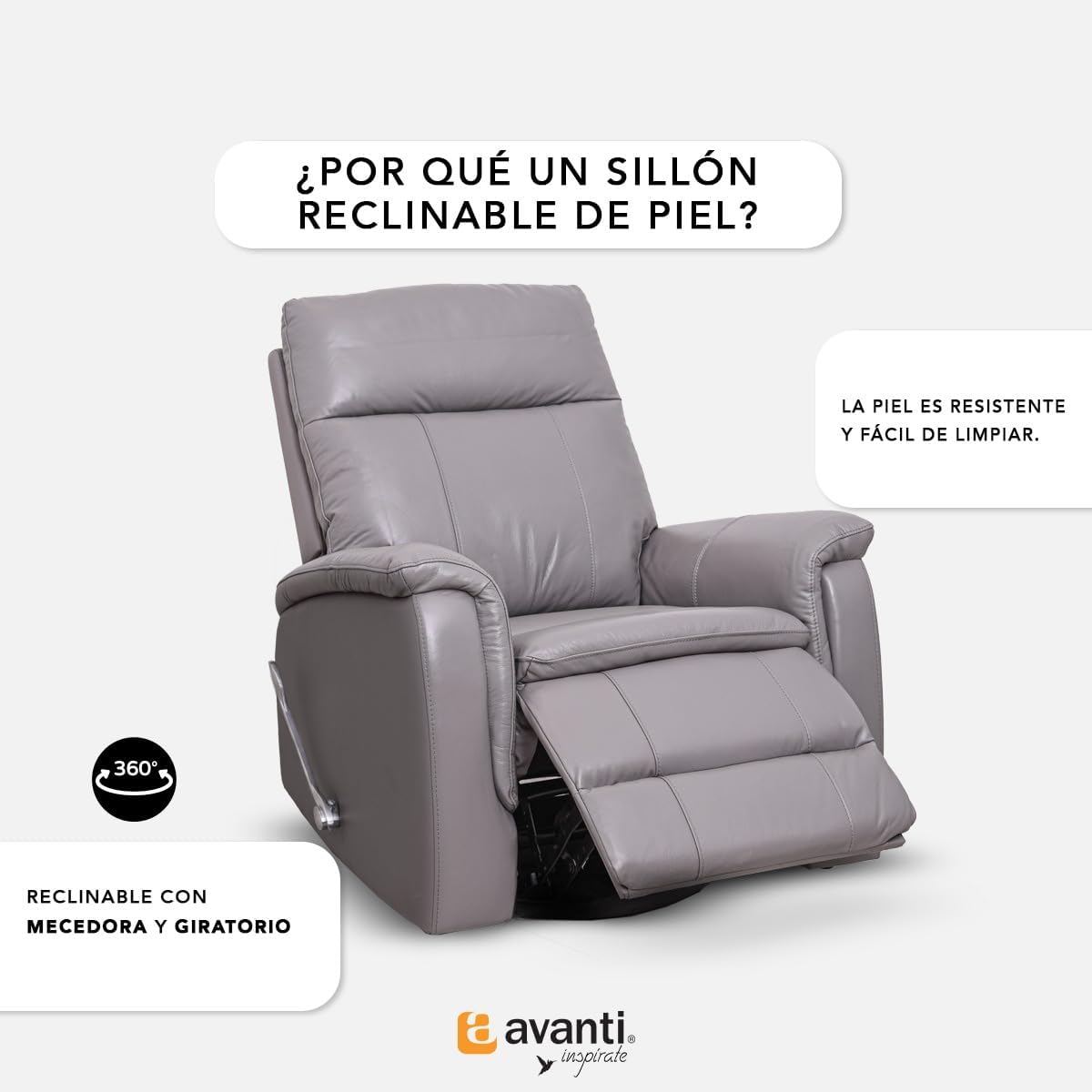 Foto 4 pulgar | Sillón Reclinable Cosmobel Harry de Piel con Sistema de Mecedora y Giratorio Gris