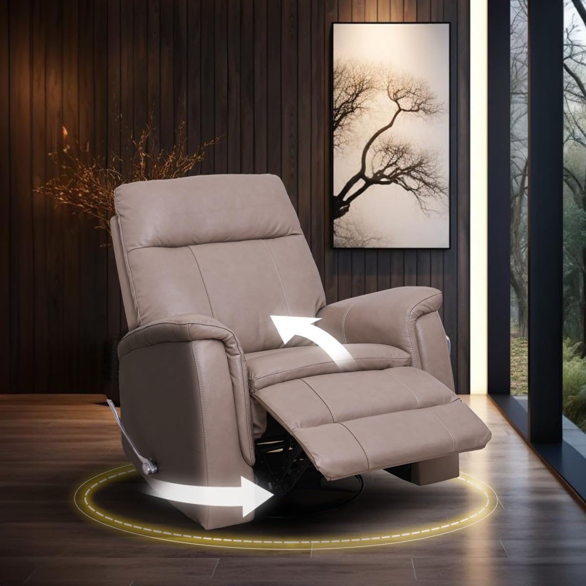 Sillón Reclinable Cosmobel Harry de Piel con Sistema de Mecedora y Giratorio Taupe