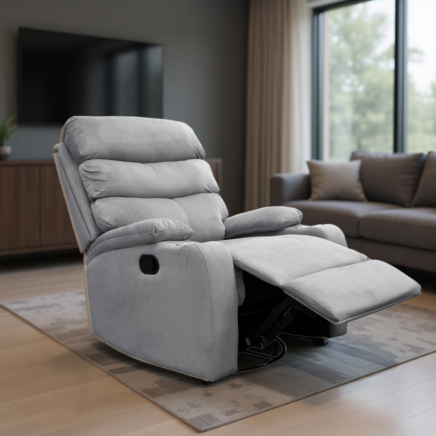 Sillón Reclinable Giratorio Tela Manual Moderno Mecedora Gris