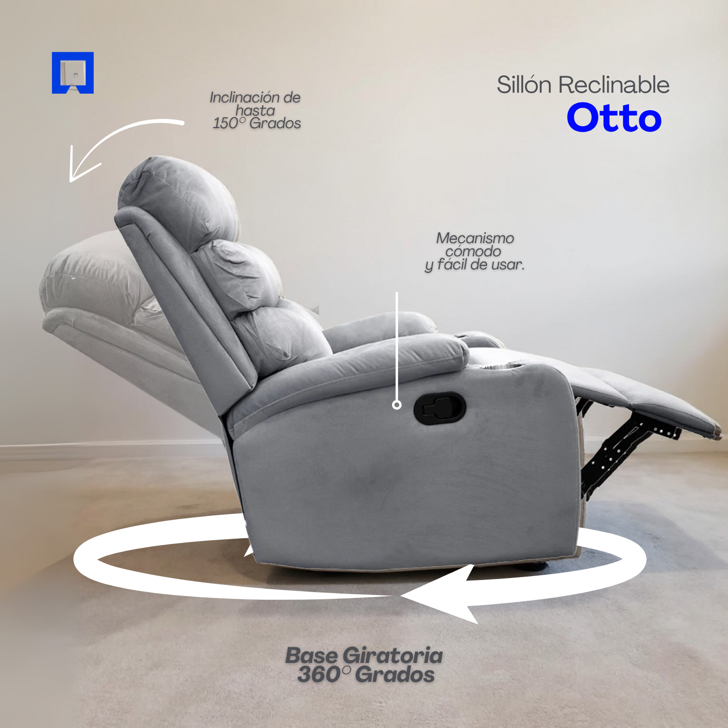 Foto 5 pulgar | Sillón Reclinable Giratorio Tela Manual Moderno Mecedora Gris