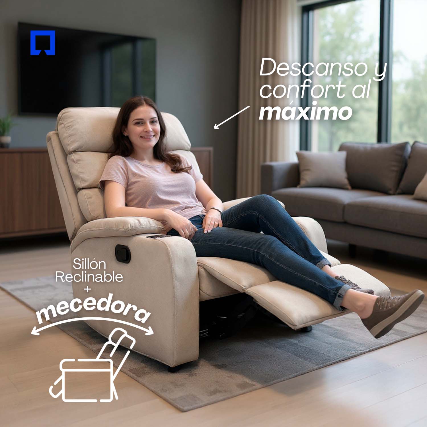 Foto 4 pulgar | Sillón Reclinable Giratorio Tela Manual Moderno Mecedora Beige
