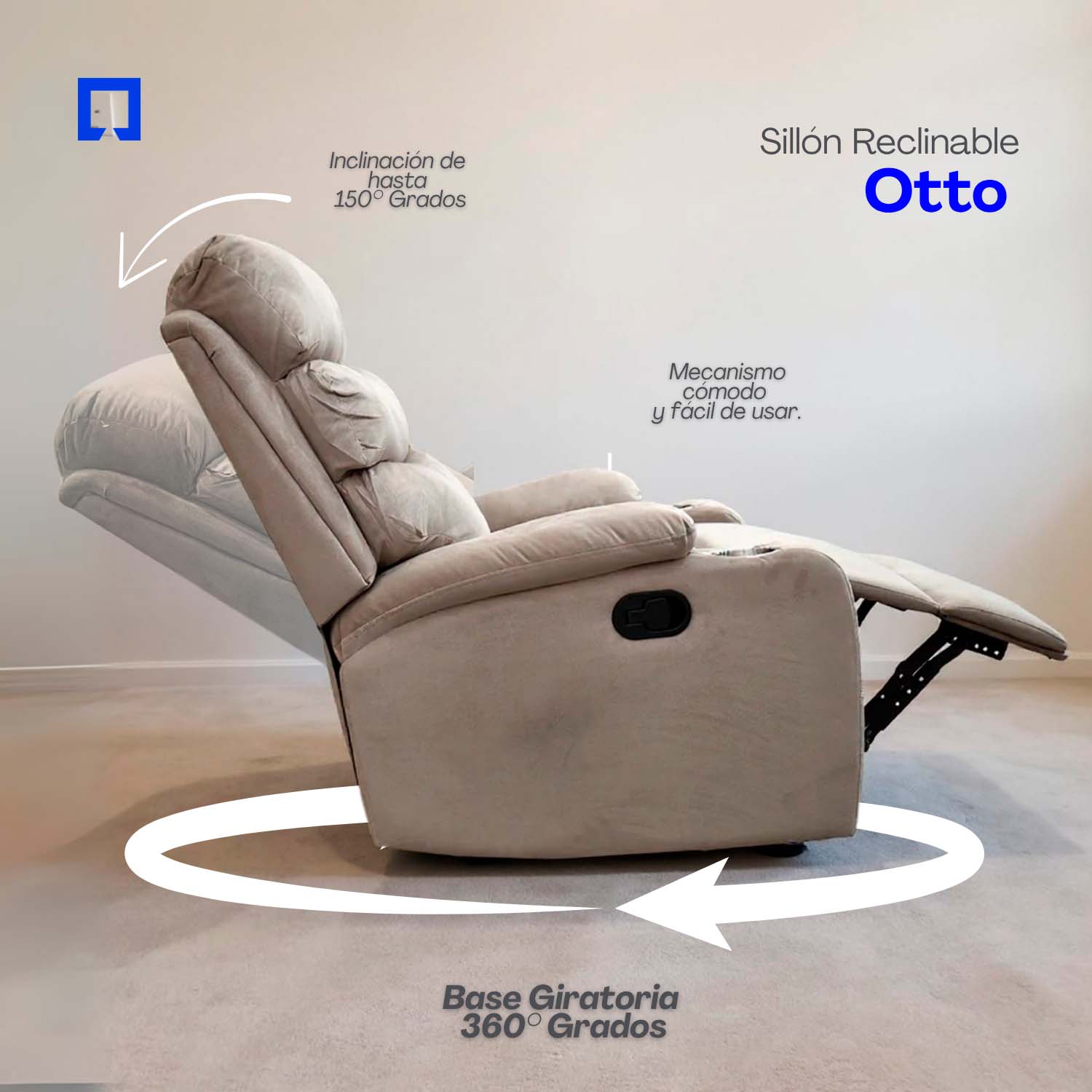 Foto 5 pulgar | Sillón Reclinable Giratorio Tela Manual Moderno Mecedora Beige