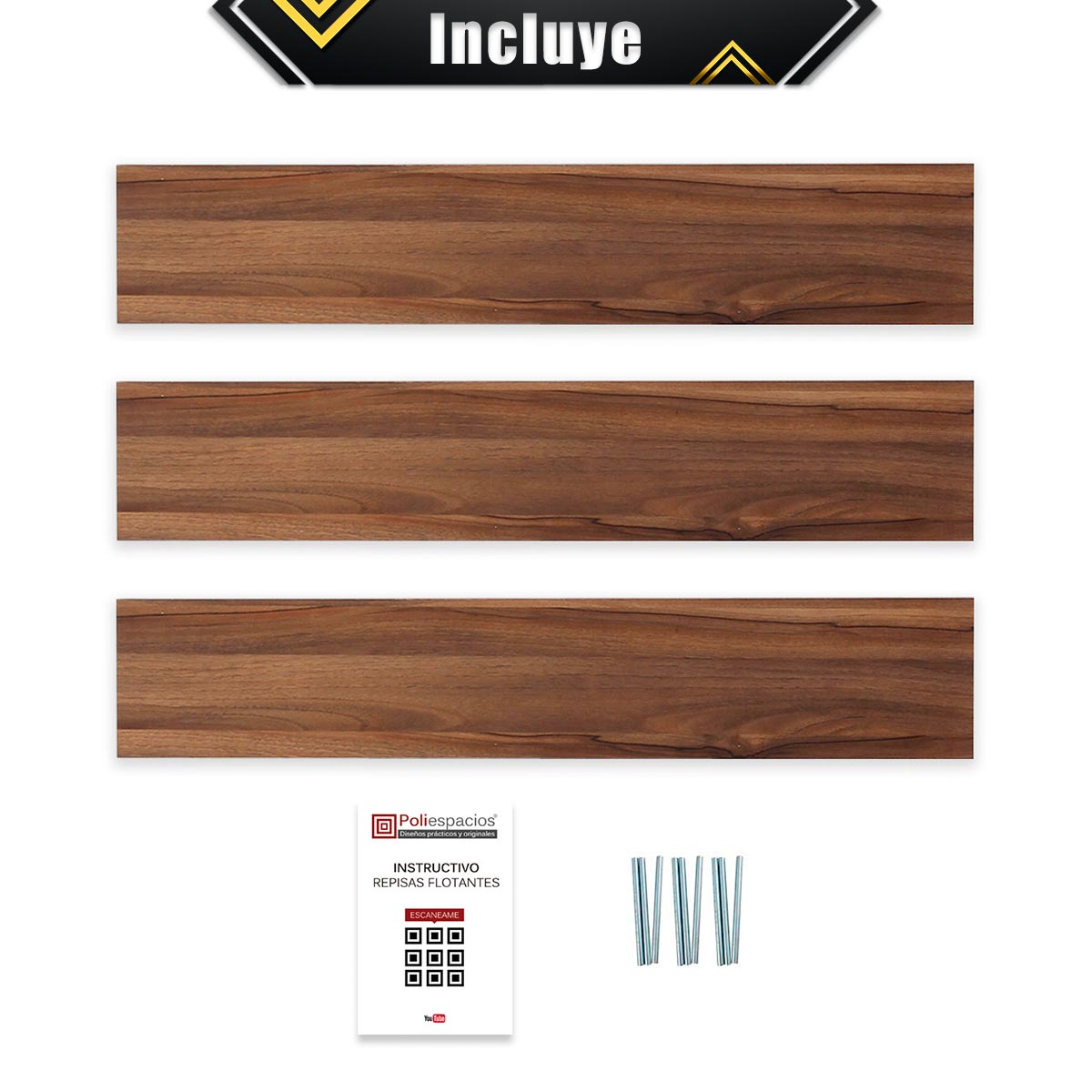 Foto 6 | 3 Repisas Estanteria Flotante Libros Madera Melamina Poliespacios R80s3-28 Nogal 80x15cm