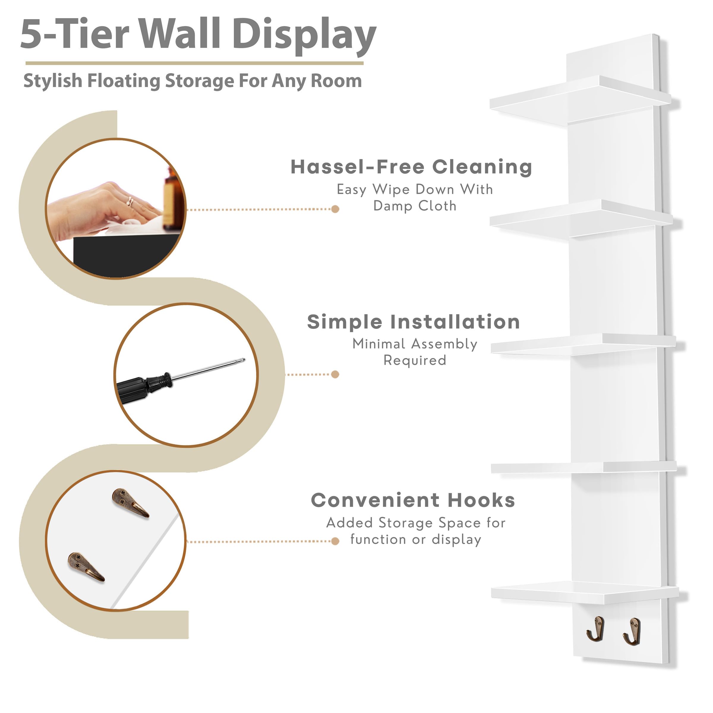 Foto 7 | Estantería De Pared Sorbus De 5 Niveles Con Ganchos, 30 X 15 X 13 Cm, Color Blanco - Venta Internacional.
