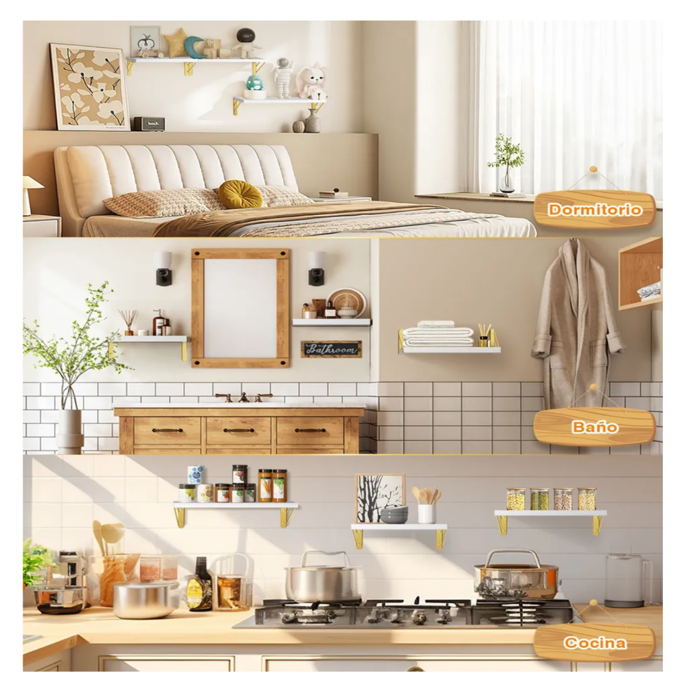 Foto 3 | Repisas Flotantes Madera Modernas Estantes Baño 3pcs Belug. Blanco
