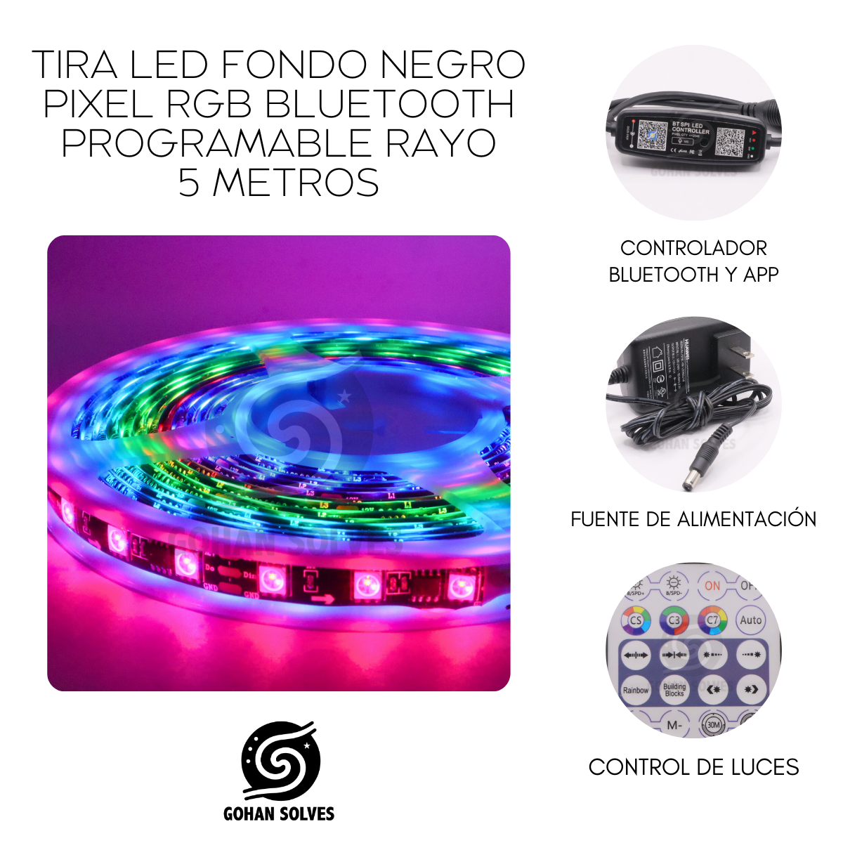 Foto 4 pulgar | Tira Led Rgb Pixel Programable, Fondo Negro, 5m, Control Bluetooth, Efecto Rayo -