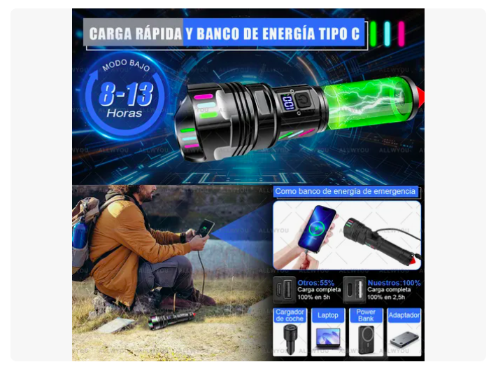 Foto 3 pulgar | Xtellar Linterna 4 En 1 Recargable Con Power Bank, 200000lm De Potencia Luminosa Para Outdoor Y Emergencias