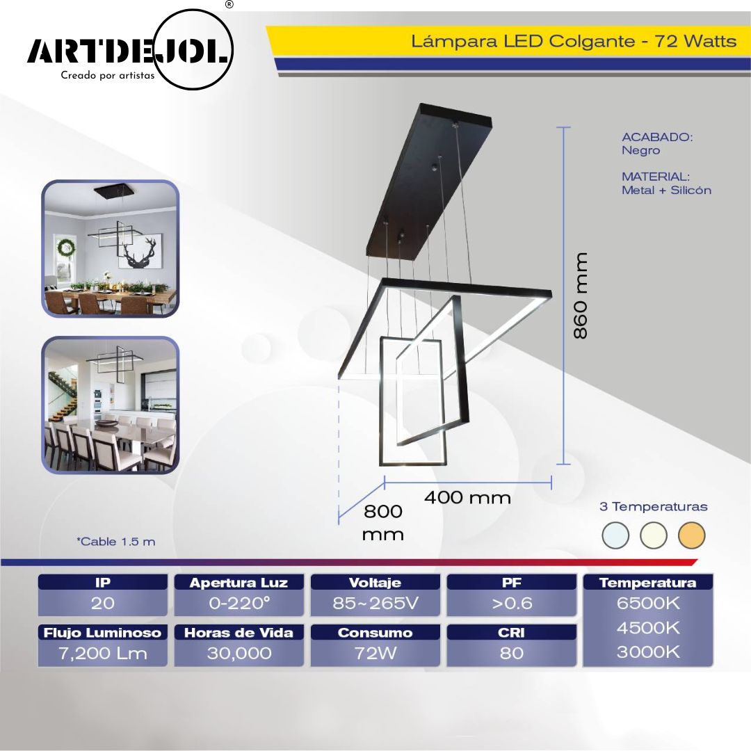 Foto 3 | Lámpara Colgante Aluminio Tres Temperaturas Rectángulos Decoración Hogar
