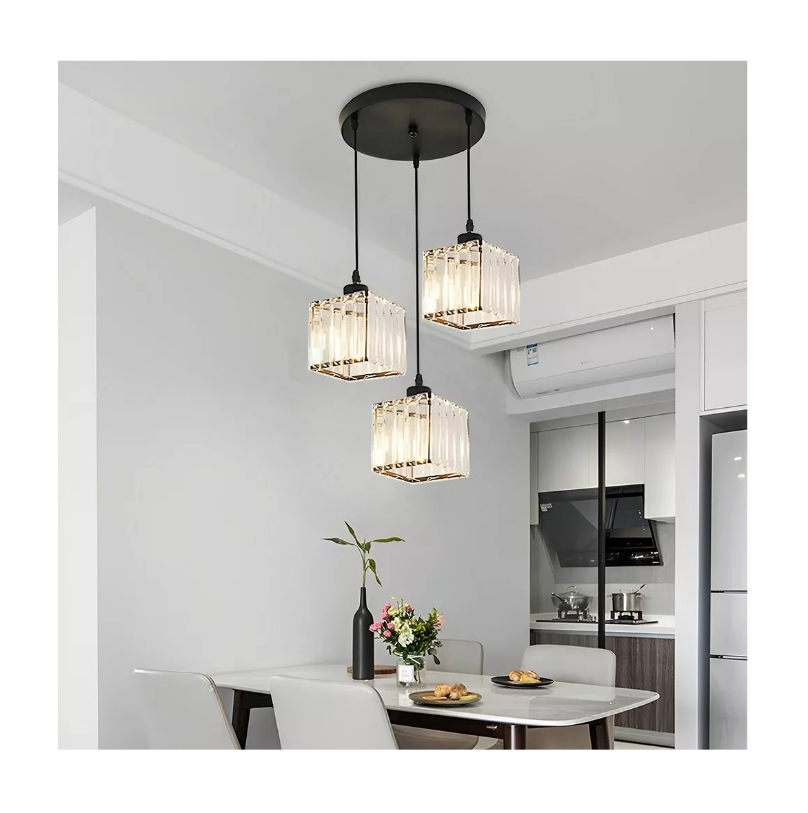 Foto 2 | Lámpara Colgante De Techo Cristal Moderna Decorativa 3 Cabezas Cuadrado Negro