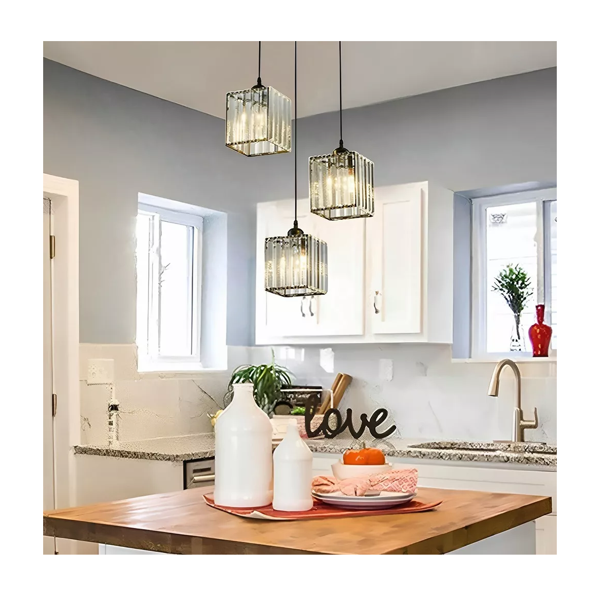 Foto 5 | Lámpara Colgante De Techo Cristal Moderna Decorativa 3 Cabezas Cuadrado Negro