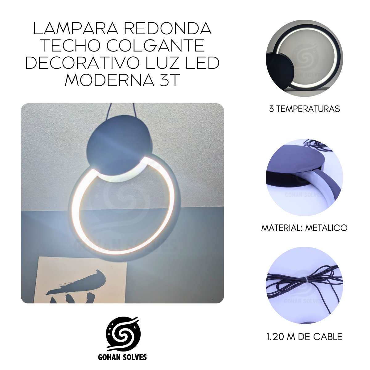 Foto 4 pulgar | Lampara Led Colgante Anillo Decorativo Iluminación 3 Tonos