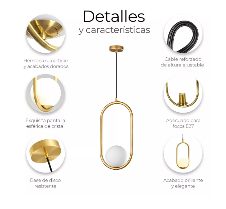 Foto 4 pulgar | Lámpara De Techo Moderna Candelabro De Globo Colgante Latón Color Dorado