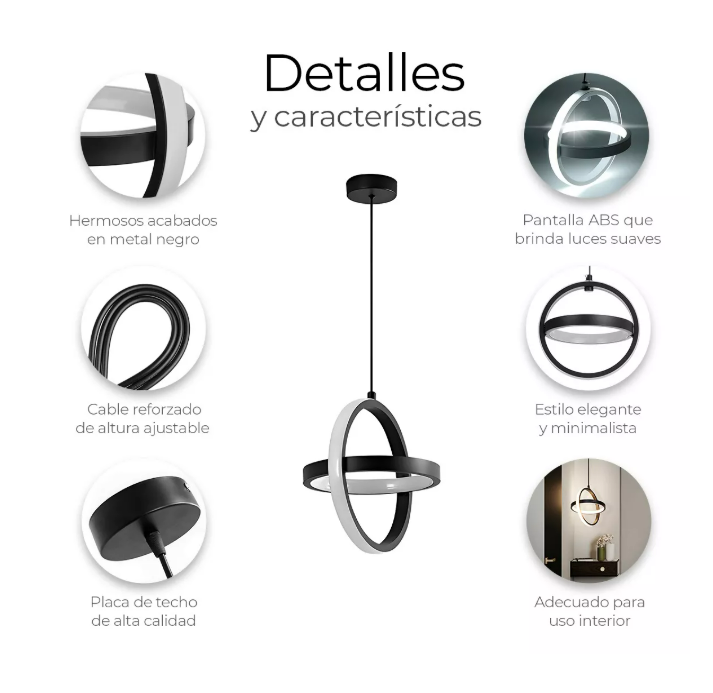 Foto 4 pulgar | Lámpara Colgante Candil Circular Nórdico Led 3 Atenuaciones Color Negro