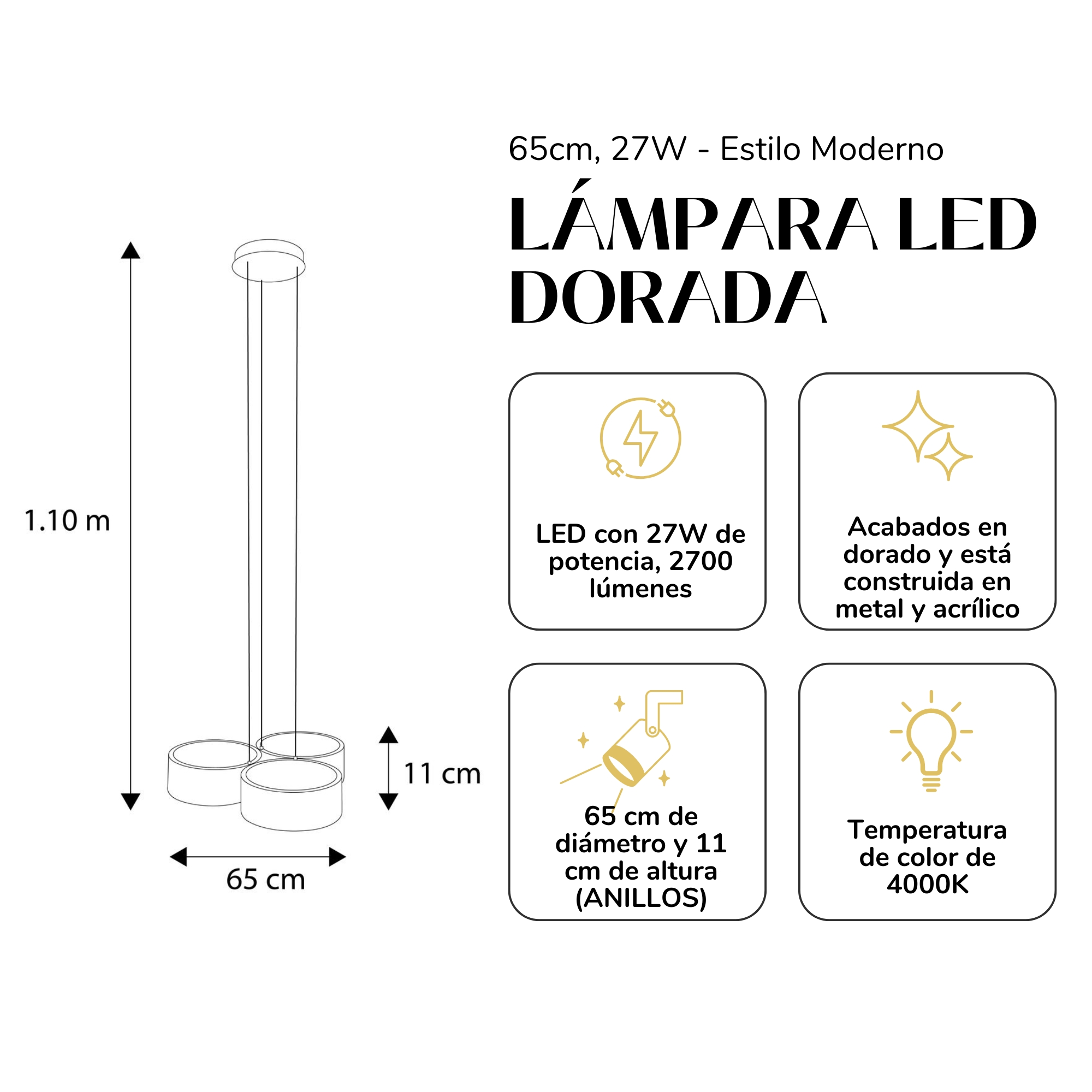Foto 7 pulgar | Lampara de Techo Led 3 Anillos Dorados Premium Erp0548