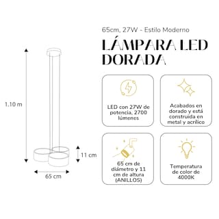 Foto 6 | Lampara de Techo Led 3 Anillos Dorados Premium Erp0548