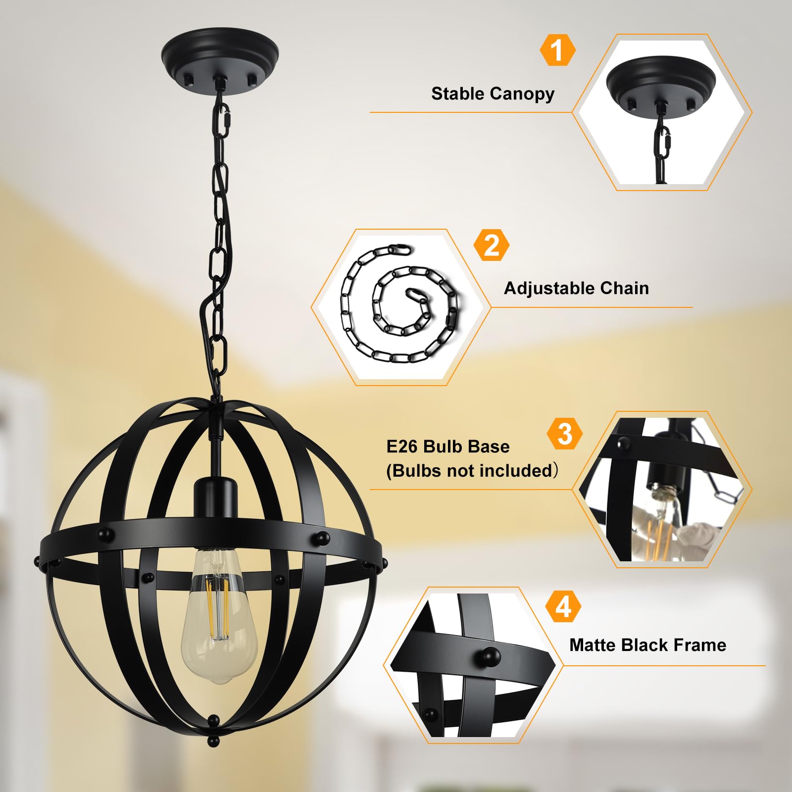 Foto 8 pulgar | Lámpara Colgante Dinglilighting Vintage Globe Black - Venta Internacional.