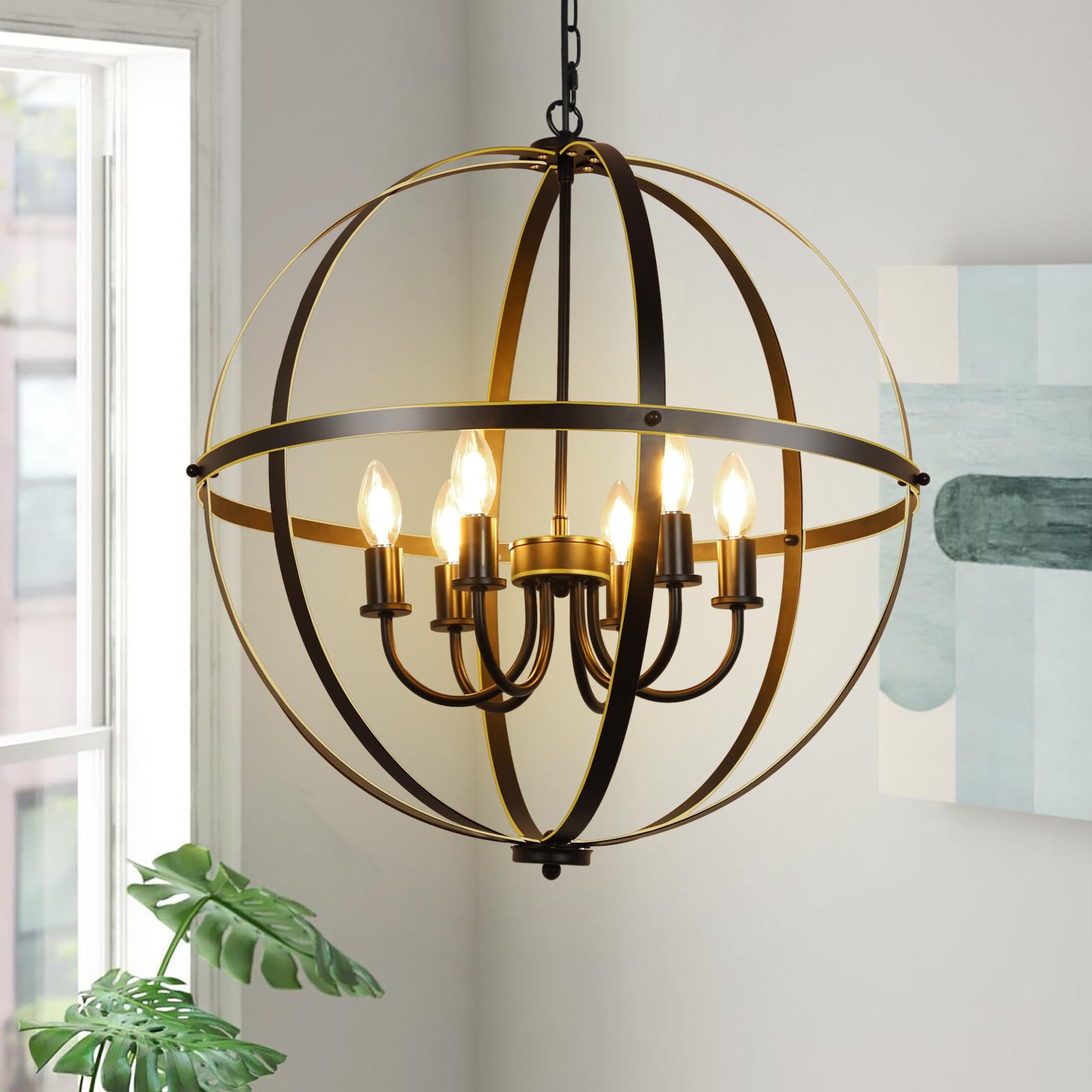 Lámpara Colgante Chandelier Dllt Con Forma De Orbe, 6 Luces, Color Negro Y Dorado, 60 W - Venta Internacional.