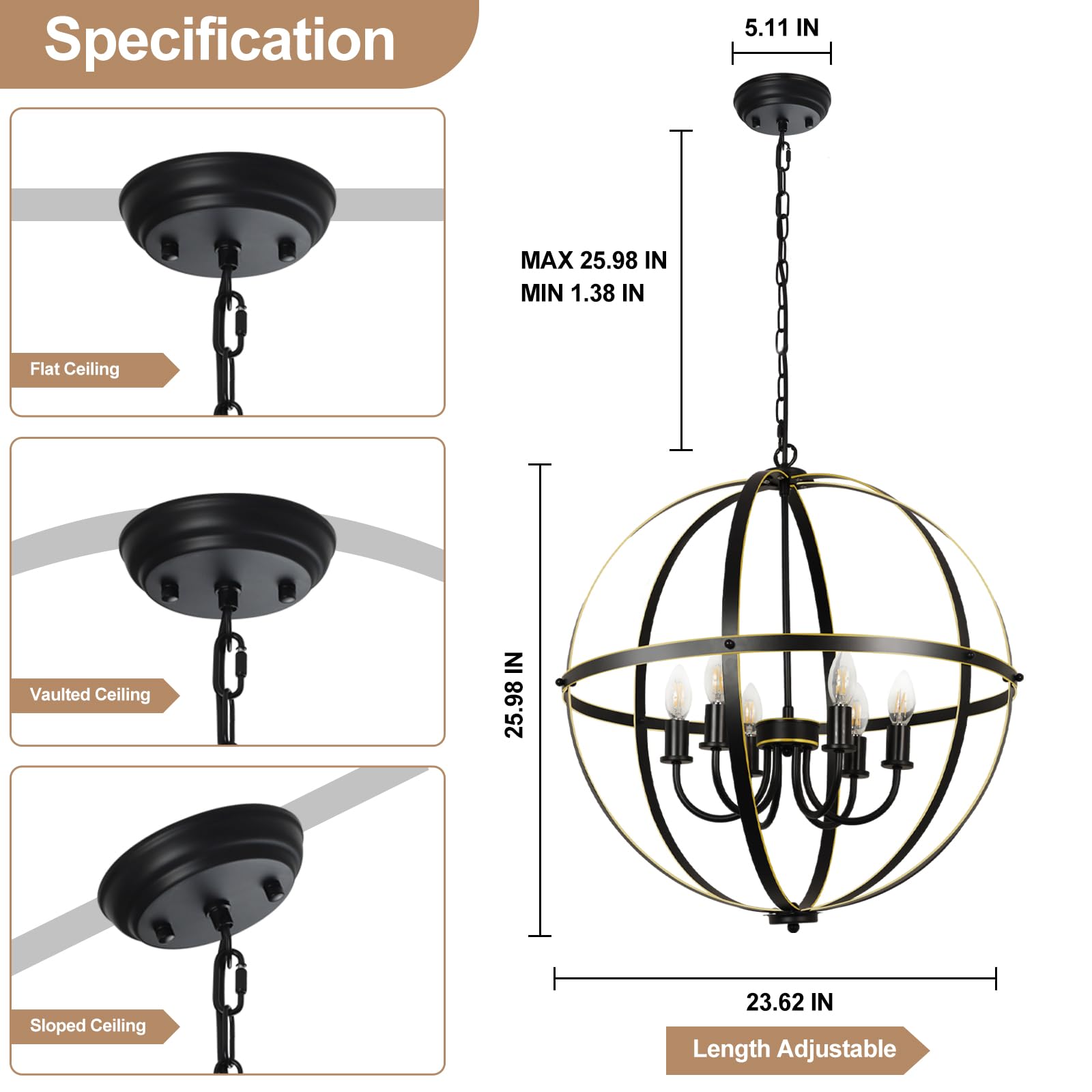 Foto 4 pulgar | Lámpara Colgante Chandelier Dllt Con Forma De Orbe, 6 Luces, Color Negro Y Dorado, 60 W - Venta Internacional.