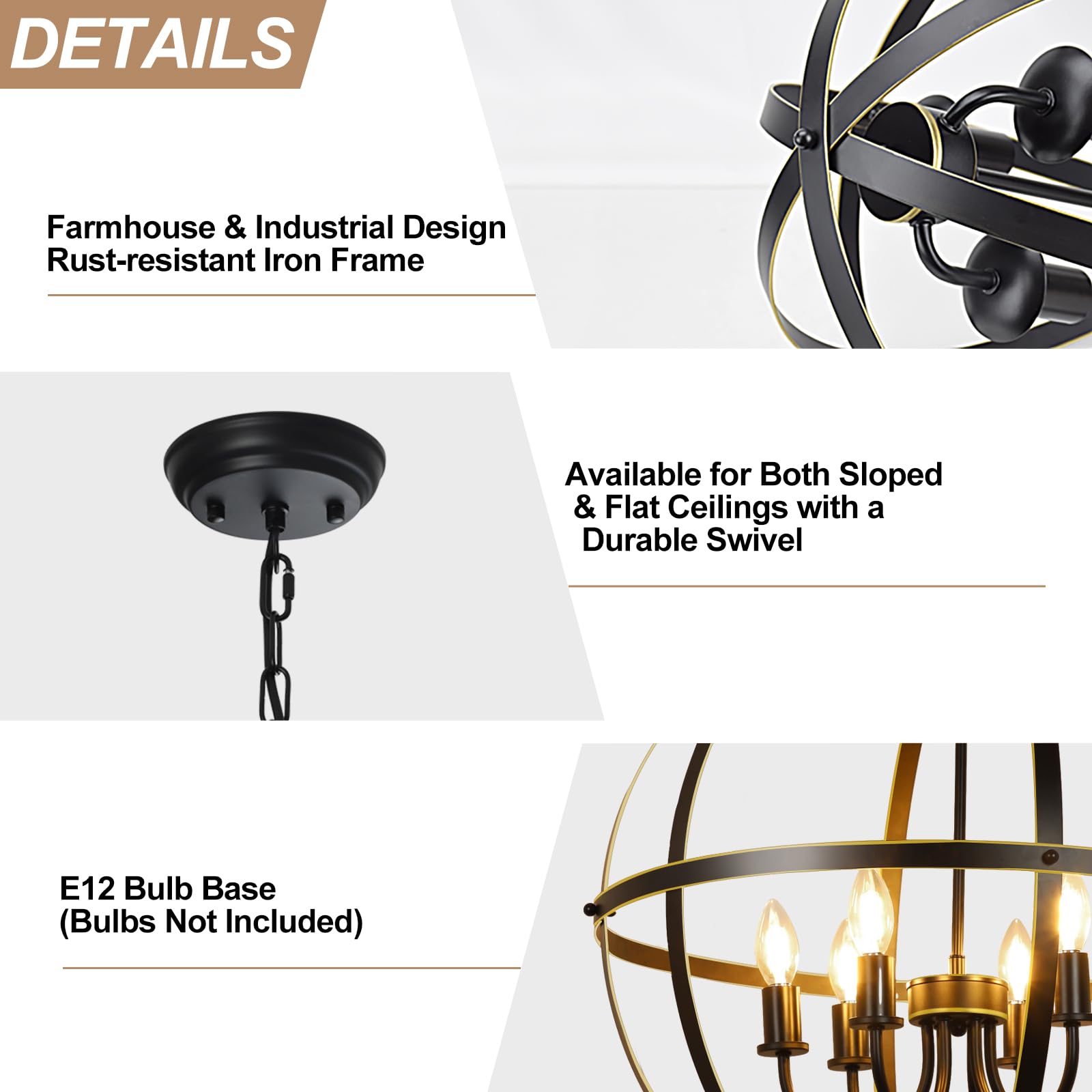 Foto 5 pulgar | Lámpara Colgante Chandelier Dllt Con Forma De Orbe, 6 Luces, Color Negro Y Dorado, 60 W - Venta Internacional.