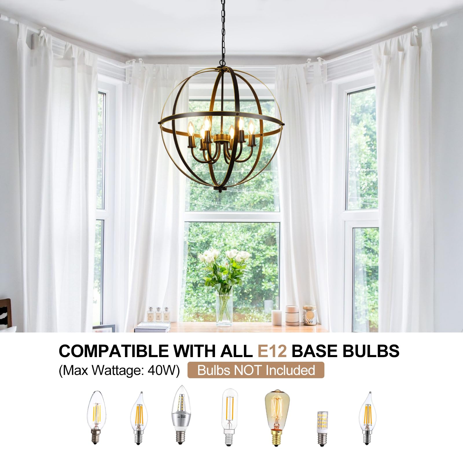 Foto 6 | Lámpara Colgante Chandelier Dllt Con Forma De Orbe, 6 Luces, Color Negro Y Dorado, 60 W - Venta Internacional.