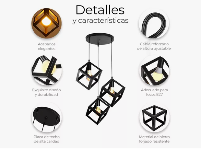 Foto 4 pulgar | Lámpara Decorativa Colgante Vintage Xtellar Moderna 3 Cabezas Negra