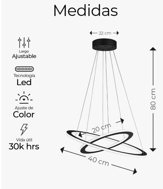 Foto 2 | Lámpara De Techo Candil Colgante Moderna Led Dos Anillos Estructura Negro