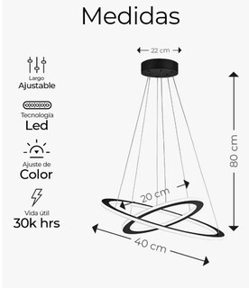 Foto 2 | Lámpara De Techo Candil Colgante Moderna Led Dos Anillos Estructura Negro