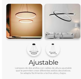 Foto 5 | Lámpara De Techo Candil Colgante Moderna Led Dos Anillos Estructura Negro