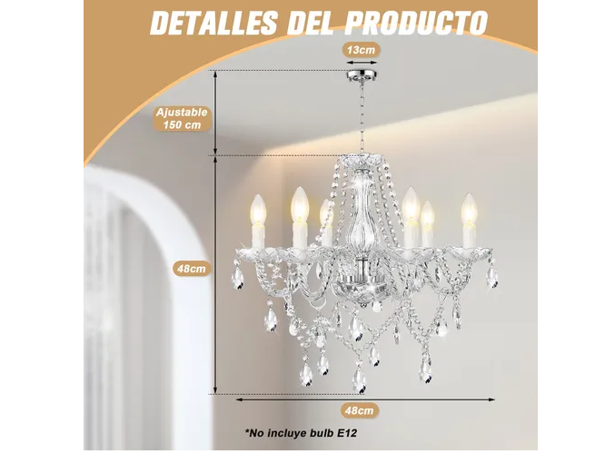 Foto 3 pulgar | Lámpara Colgante Xtellar De Cristal, Estilo Vintage, Elegante Y Moderna Con 6 Luces