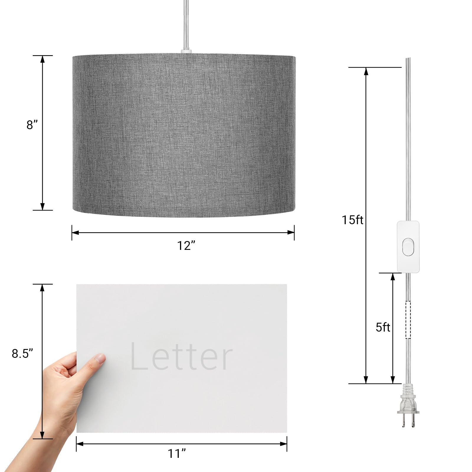 Foto 3 pulgar | Lámpara De Pared Enchufable Dewenwils, Lámpara Colgante De Tela Gris De 15 Pies - Venta Internacional.