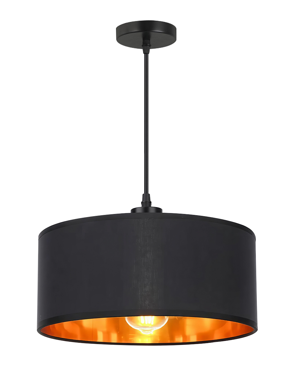 Foto 2 pulgar | Lámpara Colgante Negra Minimalista Con Interior Dorado – Pantalla De Tela 35 Cm | Altura Ajustable Y Base E28