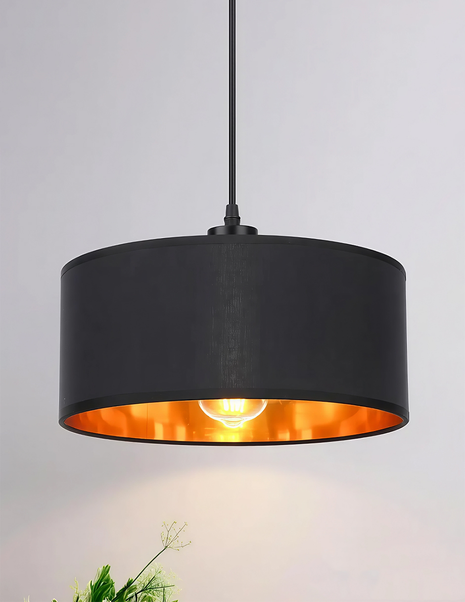 Foto 3 pulgar | Lámpara Colgante Negra Minimalista Con Interior Dorado – Pantalla De Tela 35 Cm | Altura Ajustable Y Base E28