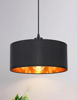 Foto 2 | Lámpara Colgante Negra Minimalista Con Interior Dorado – Pantalla De Tela 35 Cm | Altura Ajustable Y Base E28