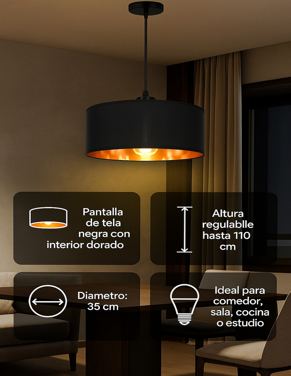 Foto 5 pulgar | Lámpara Colgante Negra Minimalista Con Interior Dorado – Pantalla De Tela 35 Cm | Altura Ajustable Y Base E28