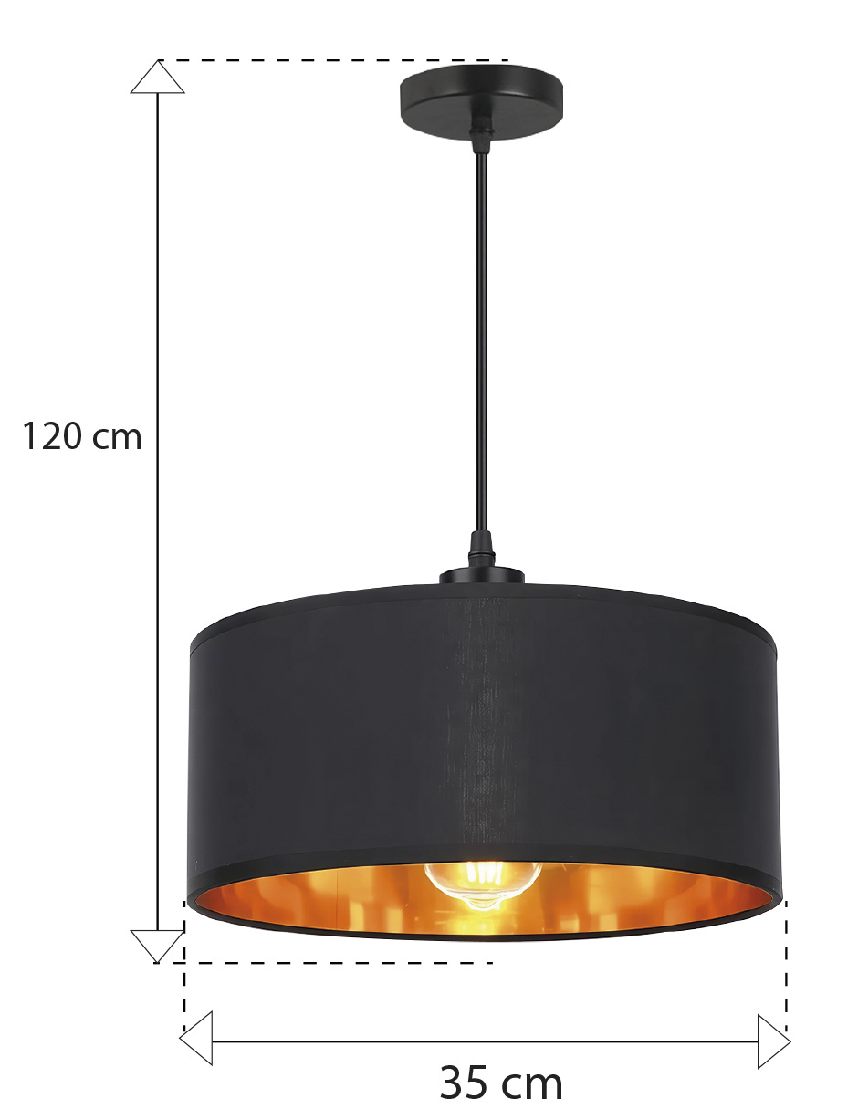 Foto 6 pulgar | Lámpara Colgante Negra Minimalista Con Interior Dorado – Pantalla De Tela 35 Cm | Altura Ajustable Y Base E28