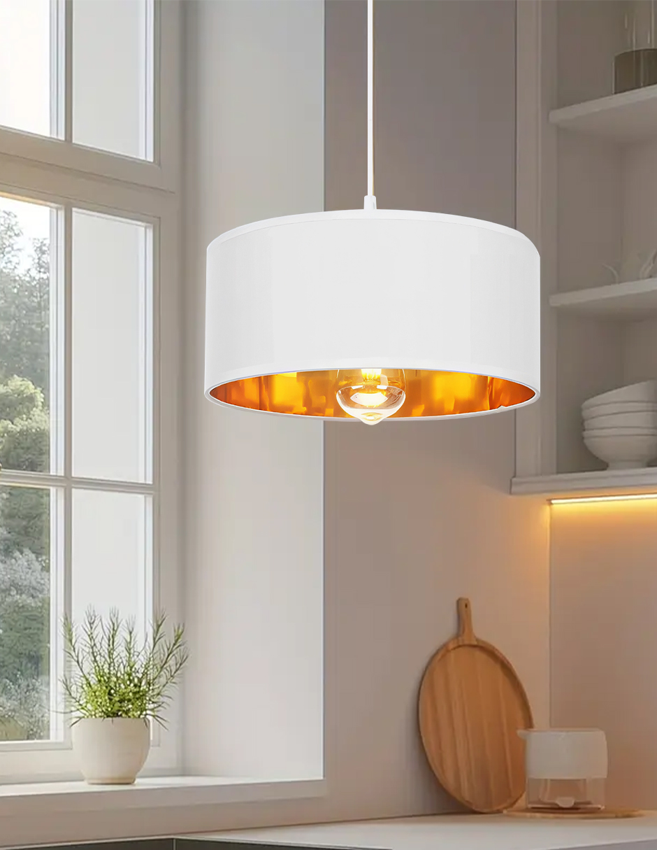Foto 4 pulgar | Lámpara Colgante Blanca Minimalista Con Interior Dorado – Pantalla De Tela 35 Cm | Altura Ajustable Y Base E27