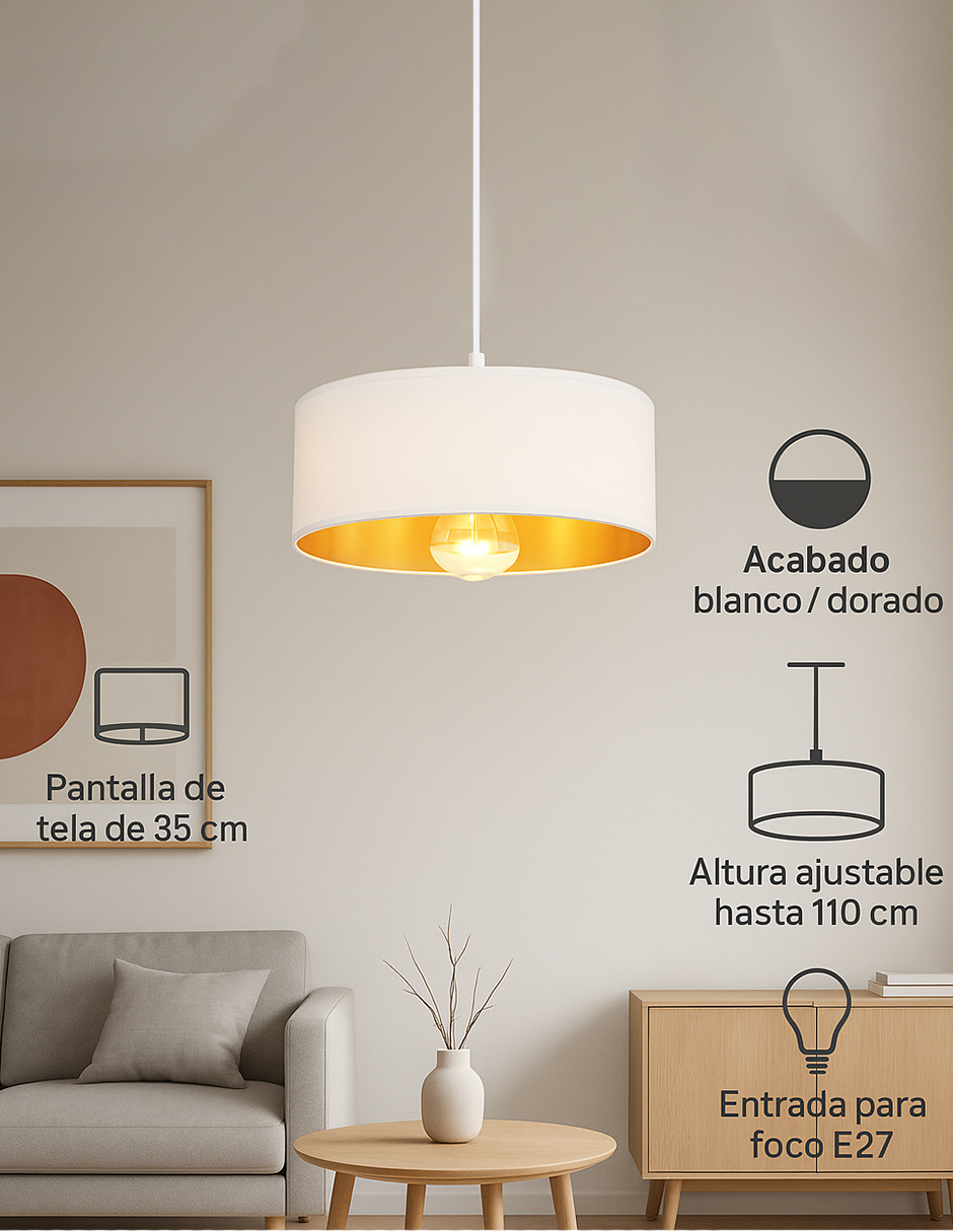 Foto 5 pulgar | Lámpara Colgante Blanca Minimalista Con Interior Dorado – Pantalla De Tela 35 Cm | Altura Ajustable Y Base E27
