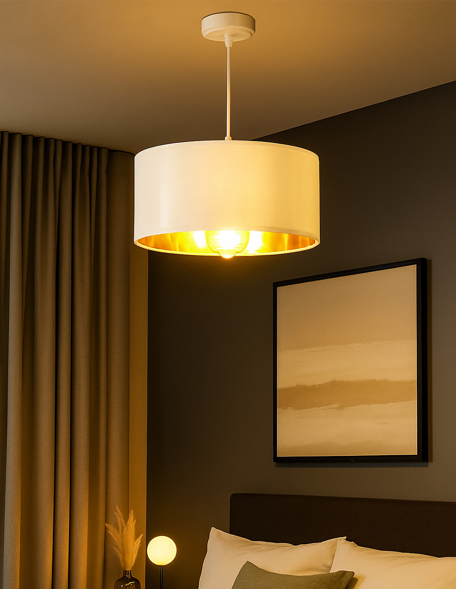 Foto 6 pulgar | Lámpara Colgante Blanca Minimalista Con Interior Dorado – Pantalla De Tela 35 Cm | Altura Ajustable Y Base E27