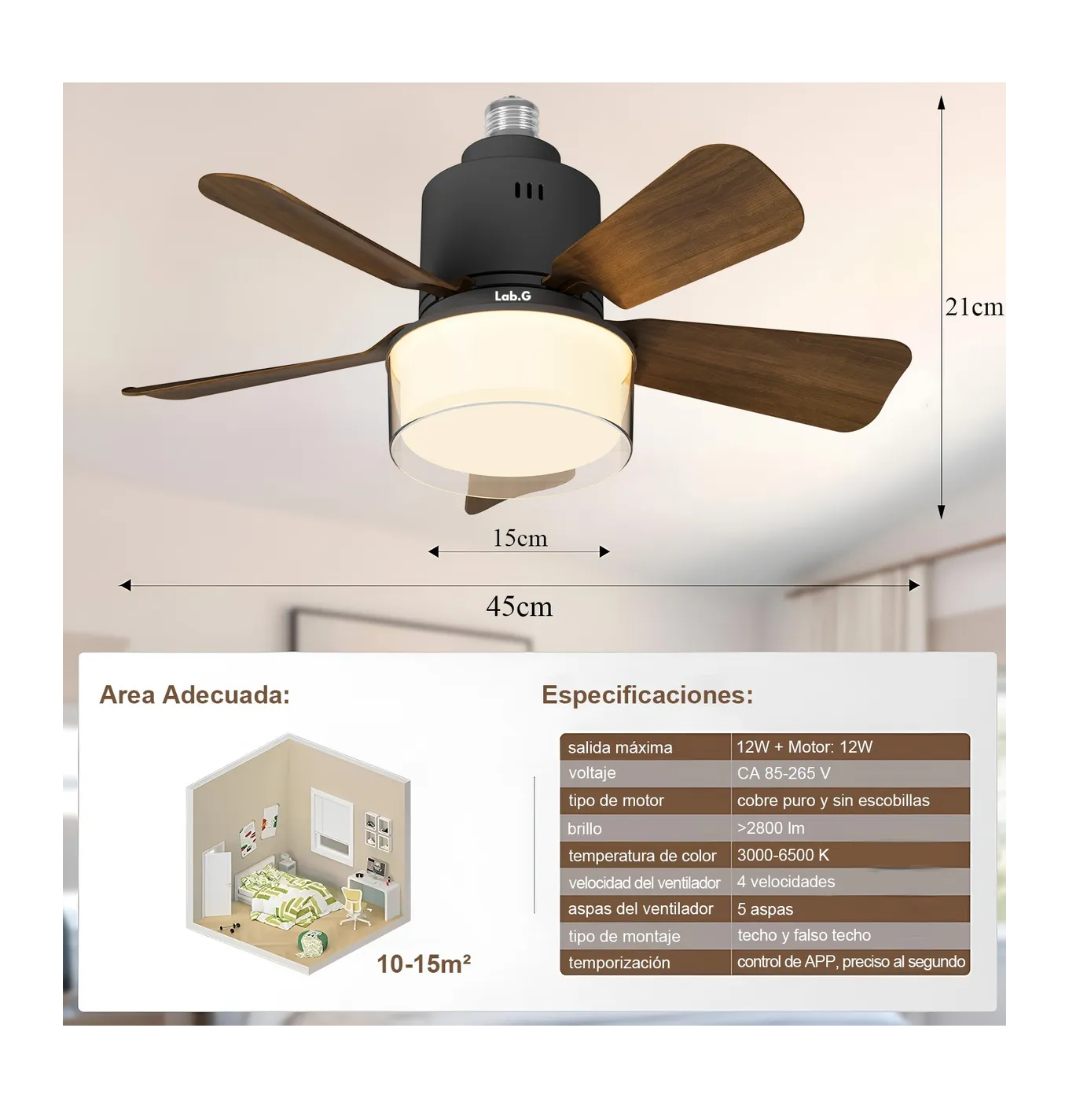 Foto 2 | Foco Con Ventilador De Techo Con Lampara Modernas Para Sala Madera Oscura