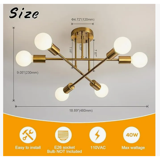 Foto 5 pulgar | Lámpara De Techo Semiempotrada Moderna De 6 Luces Oro