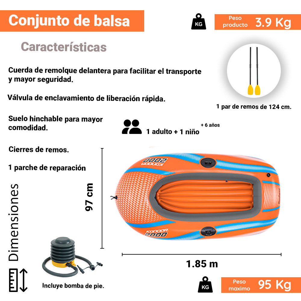 Foto 3 pulgar | Bote Inflable Lancha Balsa Kondor 2000 2 personas Remos Bomba Bestway color Naranja