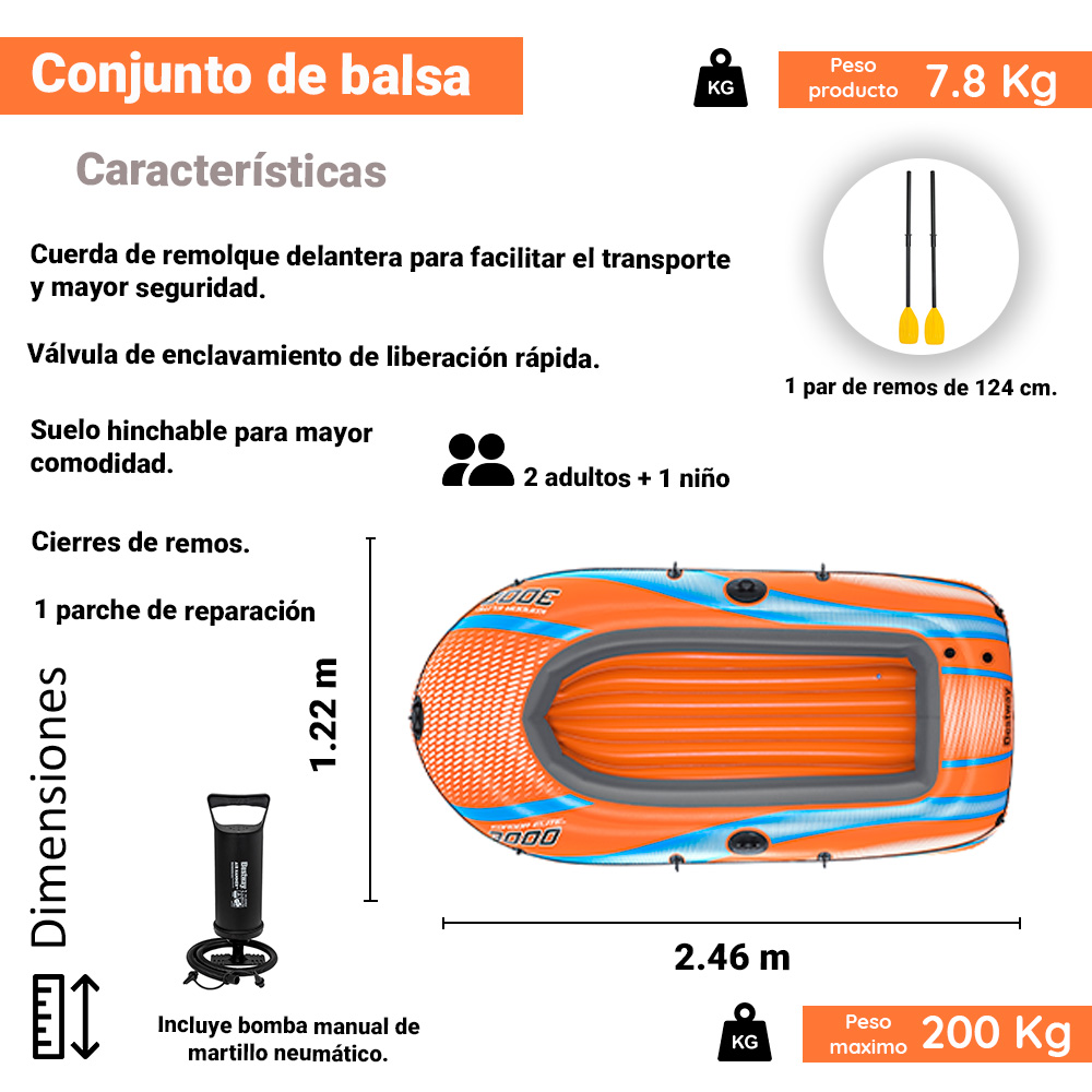 Foto 2 | Bote Inflable Bestway 61145 color Naranja Kondor Elite para 3 Personas con Remos