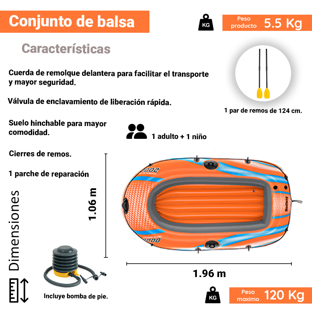 Foto 3 pulgar | Bote Inflable Bestway 61141 color Naranja Kondor 2000 para 2 Personas con Remos
