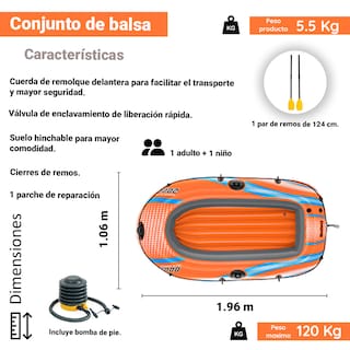 Foto 2 | Bote Inflable Bestway 61141 color Naranja Kondor 2000 para 2 Personas con Remos