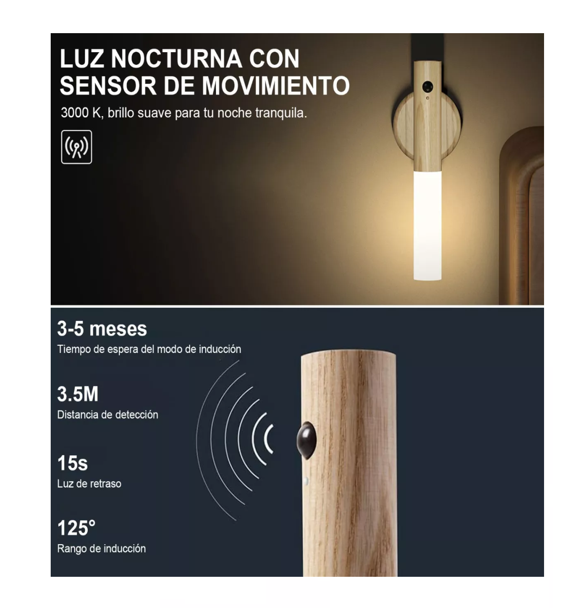 Foto 4 pulgar | Luz De Noche Con Sensor De Movimiento Y Montaje En Pared Bambú Blanco