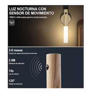 Foto 3 | Luz De Noche Con Sensor De Movimiento Y Montaje En Pared Bambú Blanco